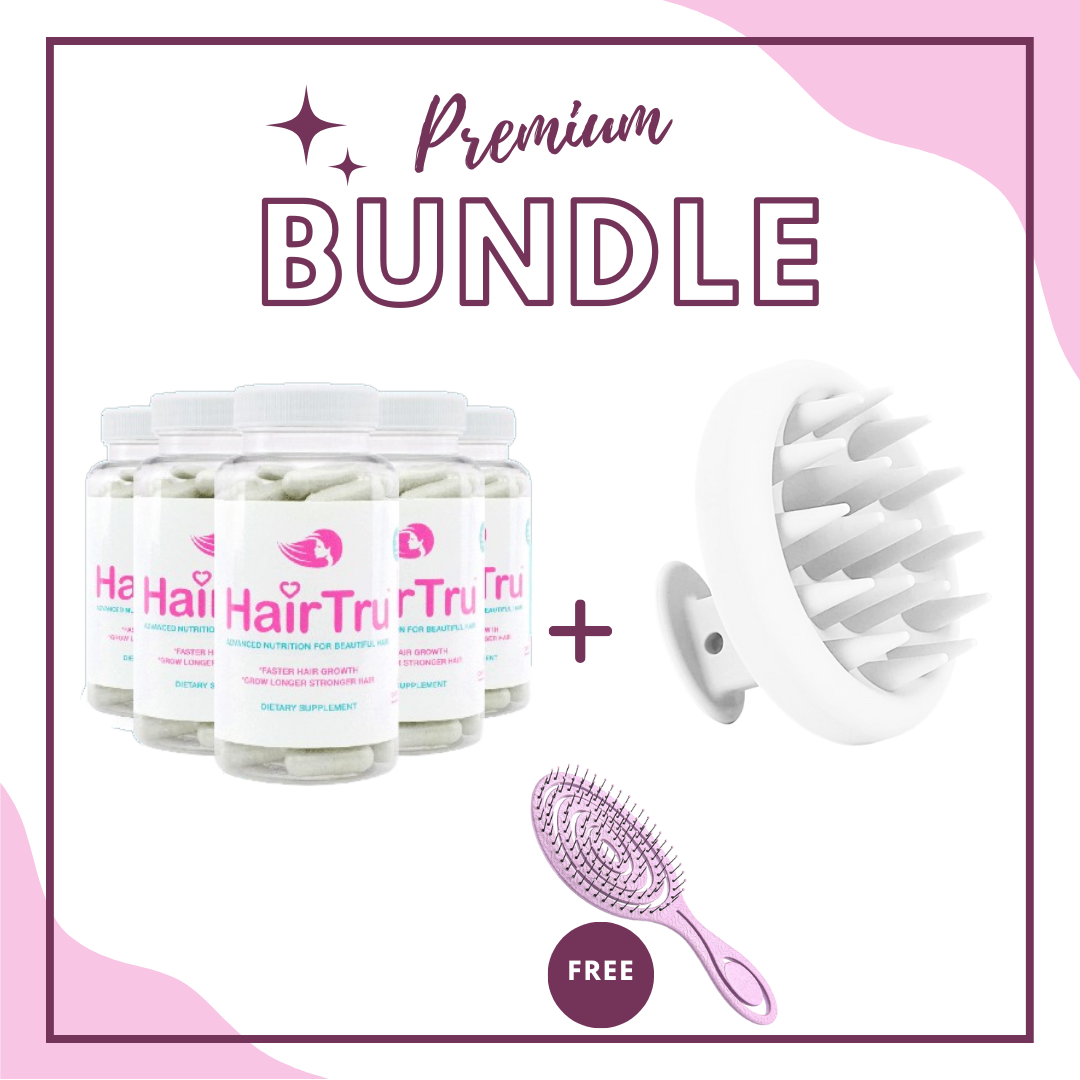 PREMIUM HAIRCARE BUNDLE: 6 Month of HairTru™ + Scalp Hair Massager + FREE Organic Brush